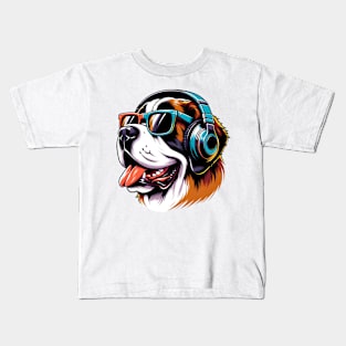 Smiling Saint Bernard DJ Grooves in Japanese Style Kids T-Shirt